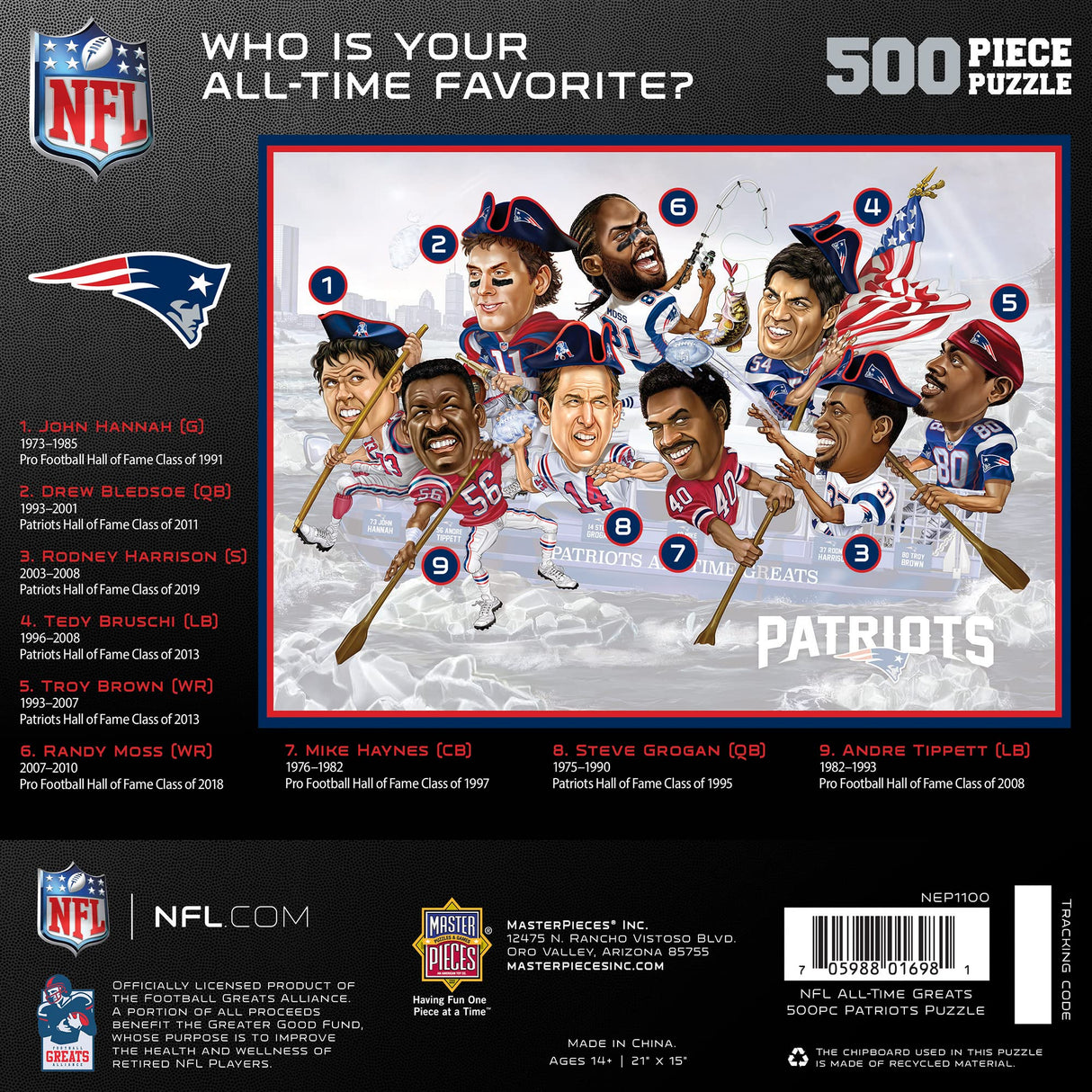 MasterPieces 500 Piece Sports Jigsaw Puzzle for Adults - NFL New England Patriots All-Time Greats - 15x21" Masterpieces