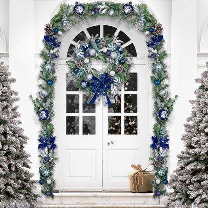 Valery Madelyn 30 Inch Pre-Lit Christmas Wreath for Front Door with Lights, Large Lighted Christmas Wreath with Silver Blue Xmas Ball for Fireplace Window Outdoor Table Centerpiece Holiday Decoration