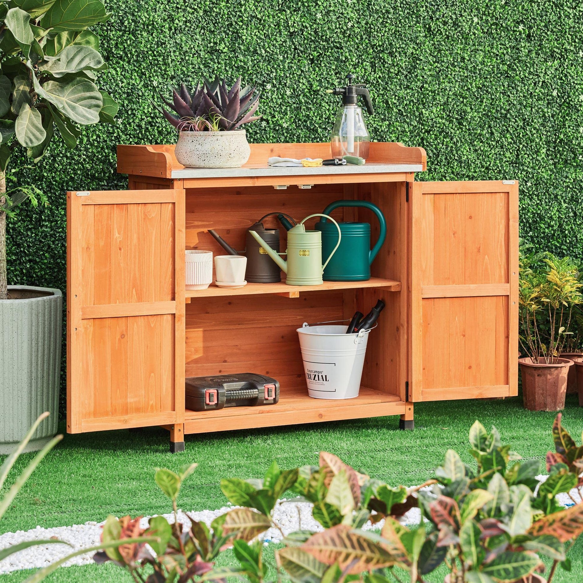 Topeakmart Potting Bench Table - Wooden Storage Cabinet with Removable Shelf & Flexible Space & Metal-plated Tabletop for Outdoor Garden Patio,Brown - WoodArtSupply