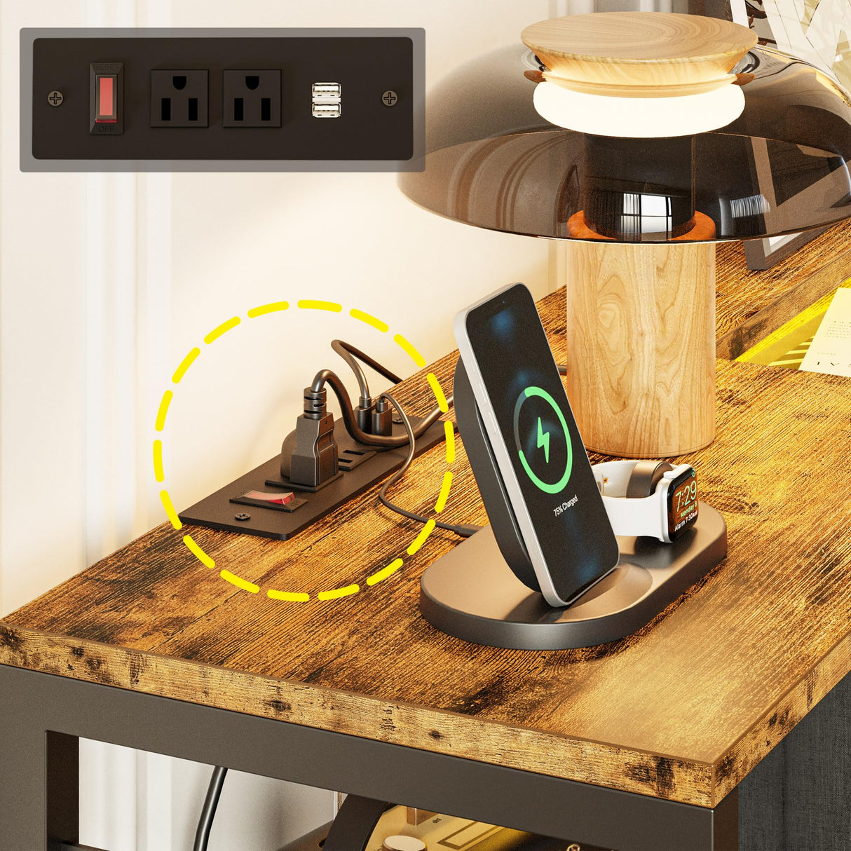 IRONCK Dresser with Power Outlets and LED Lights, 8 PU Leather Drawers Dresser with Charging Station, Wide Chests of Drawers for Closet, Bedroom, Hallway, Vintage Brown Black IRONCK