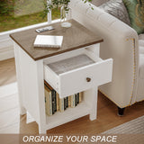 ChooChoo Farmhouse Nightstand with Charging Station, Wooden Top Bedside End Table with Drawer and Storage Space for Bedroom, White ChooChoo