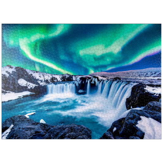 MyPuzzle Northern Lights Over Godafoss Waterfall in Iceland - Premium 1000 Piece Jigsaw Puzzle for Adults