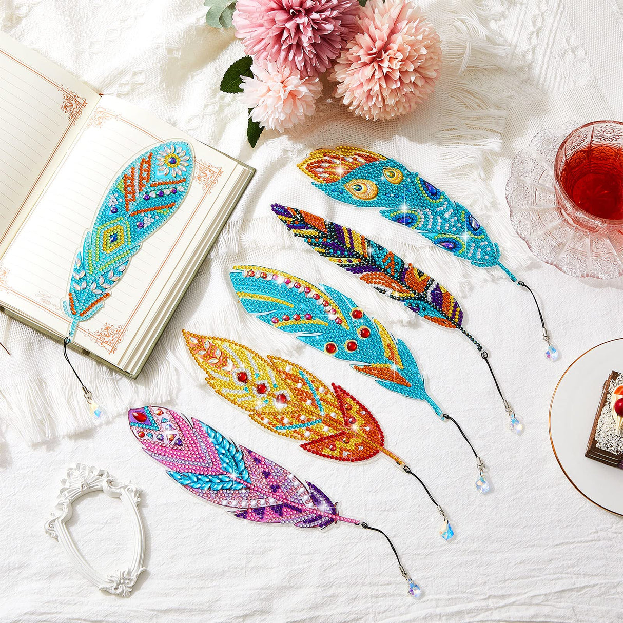 Henoyso 6 Pcs Diamond Painting Bookmarks Kits DIY 5d Feather Bookmark Rhinestone DIY Bookmarks Crystal Diamond Art Acrylic for Adult Arts Supply Crafts Gifts Henoyso