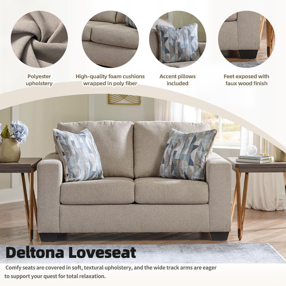 Signature Design by Ashley Deltona Contemporary Loveseat with 2 Accent Pillows, Beige Signature Design by Ashley