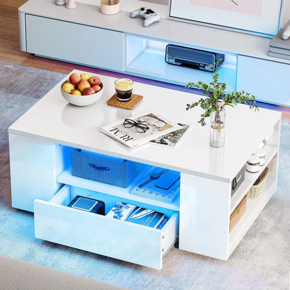 YITAHOME Modern Coffee Tables for Living Room, High Gloss LED Coffee Table, Storage Coffee Table, Small Coffee Table, Wood Center Table with 2 Sliding Drawers and Open Side Shelf,White