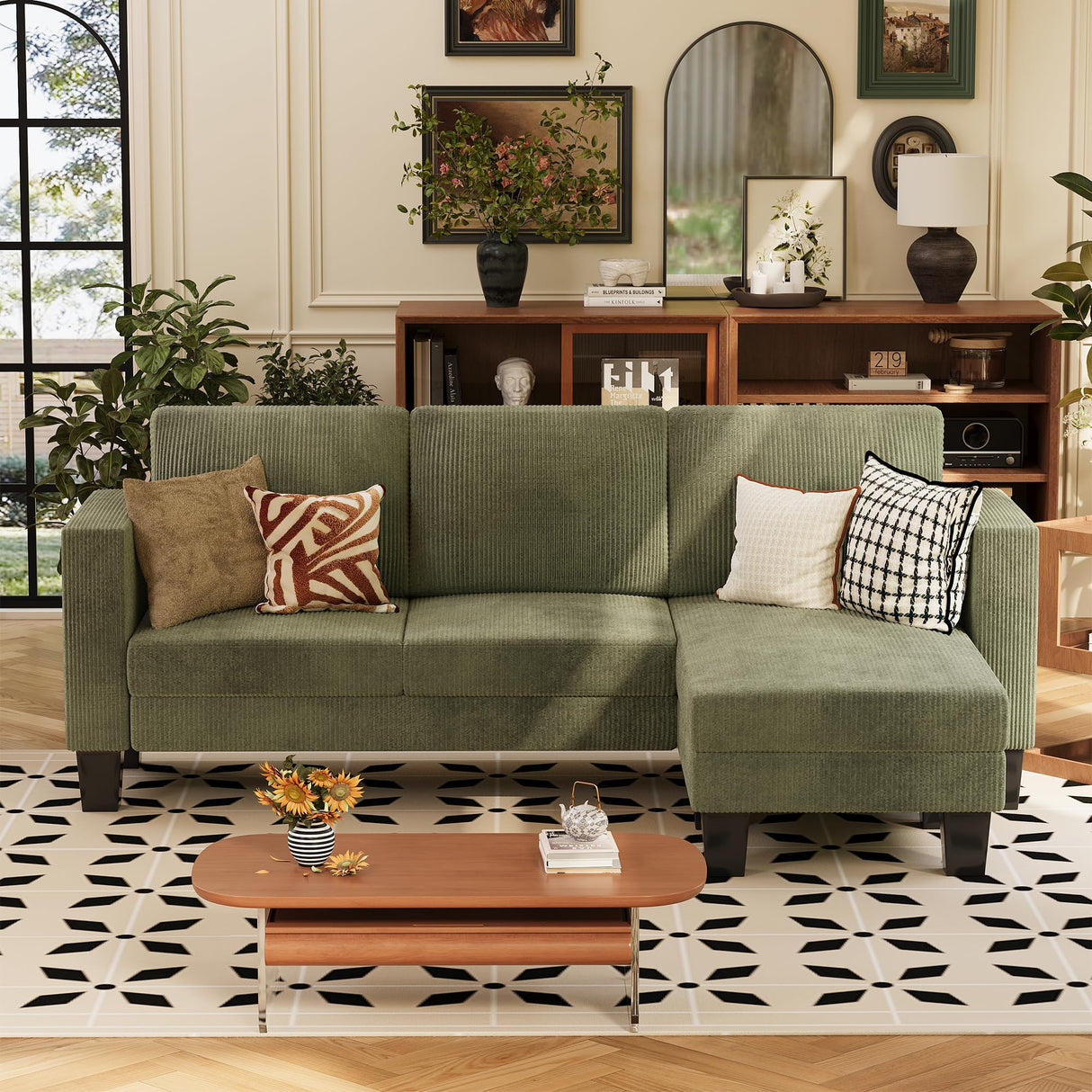 VICTONE Convertible Sectional Sofa Couch, 3 Seat L-Shaped Sofa with Linen Fabric Ottoman Small Couch for Small Apartments, Living Room and Office (Corduroy, Green) VICTONE