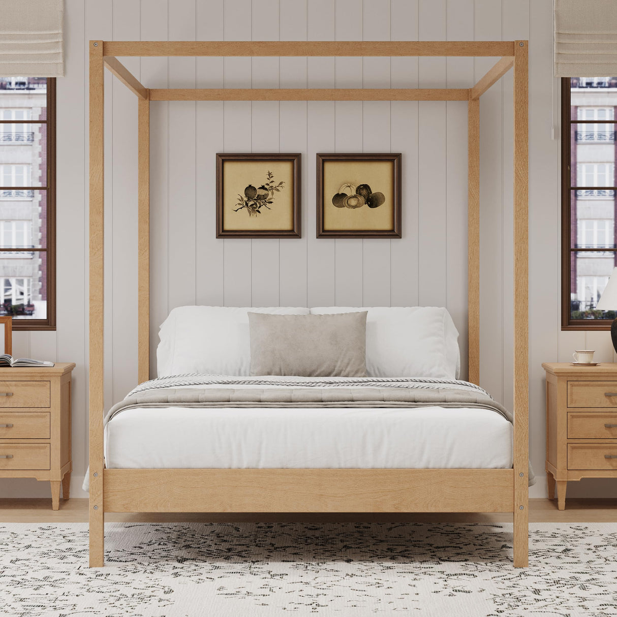 GDFStudio Queen Size Canopy Bed Frame, Four Poster Platform Bed with Slats Support, Solid Pine and Engineered Wood,No Box Spring Needed, Easy Assembly, for Bedroom, Living Room, Natural Finish GDFStudio