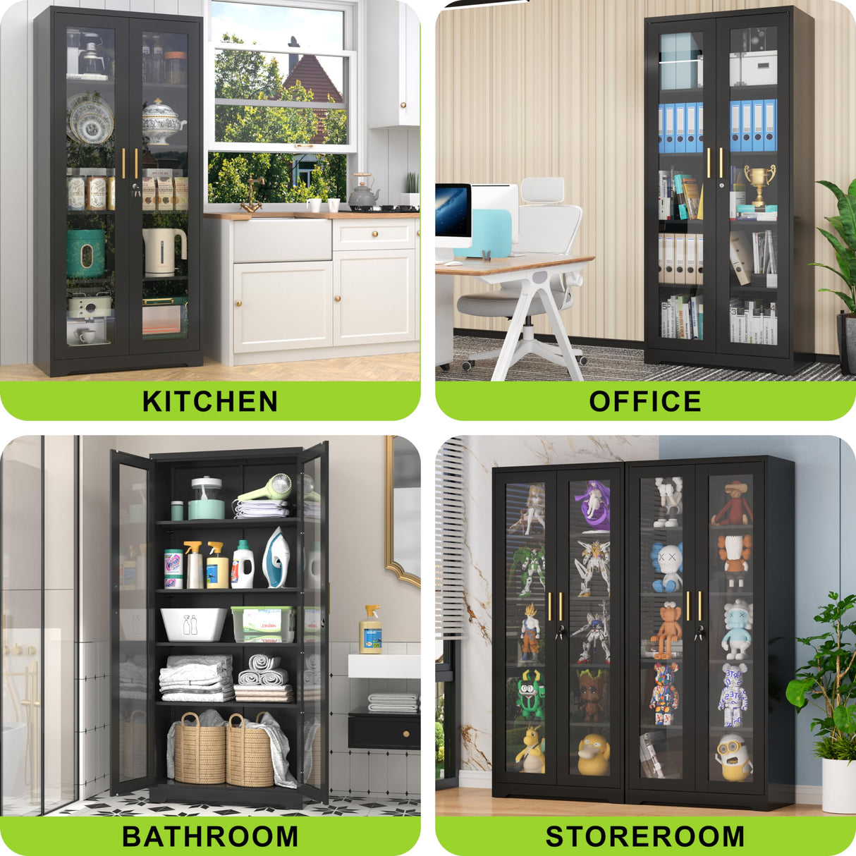 UNICOLY Storage Cabinet with Doors and Shelves, Display Cabinet with Glass Doors, Pantry Cabinet, Curio Cabinet with Locking Doors, Metal Storage Cabinet for Office,Kitchen,Living Room 71” H Black UNICOLY