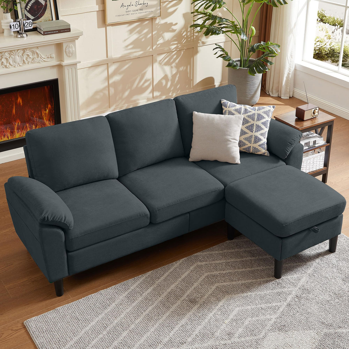 Chireca 80" Convertible Sectional Sofa, Small L Shaped 3 Seat Couch with Reversible Storage Chaise, Modern Polyester Fabric Sofa Couches for Living Room, Apartment and Small Space, Dark Grey Chireca