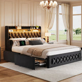 Ailisite Queen Size Bed Frame with 4 Storage Drawers and RGB Led Lights,Velvet Upholstered Queen Platform Bed with Charging Station and Bookcase Storage Headboard, with Crystal and Rivet Deco, Black Ailisite
