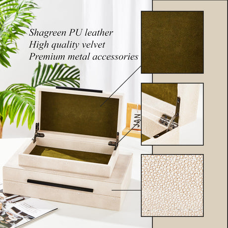 Denique Shagreen Decorative Boxes Set of 2, Leather Jewelry Storage Box Modern Storage Boxes with Lids, Ivory Stacking Boxes with Black Metal Handles Home Organizer Box Denique
