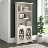 Lennox Tall 5 Shelf Bookcase with Glass Doors in Linen White Oak - Stylish Farmhouse Storage Solution Bush Business Furniture