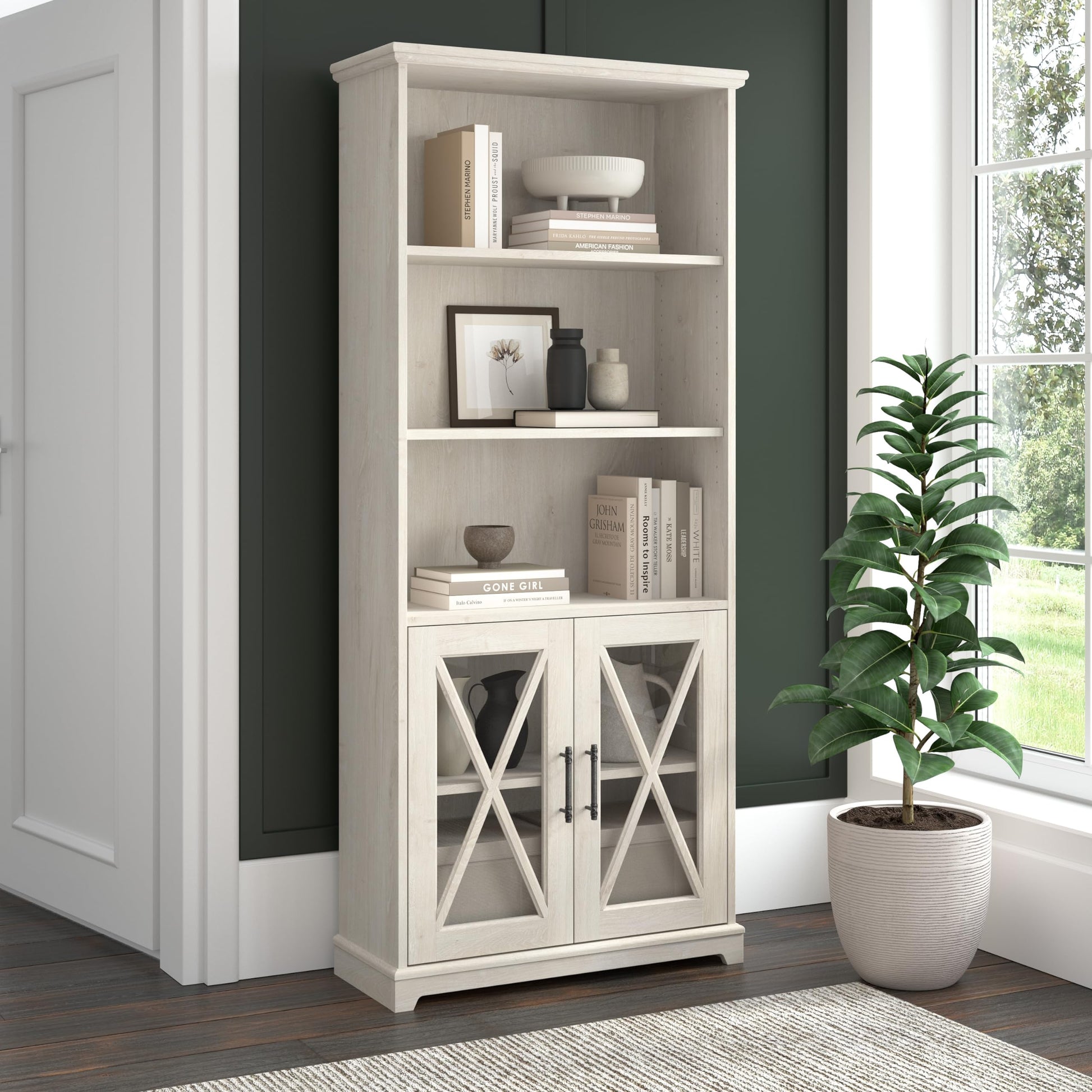 Lennox Tall 5 Shelf Bookcase with Glass Doors in Linen White Oak - Stylish Farmhouse Storage Solution - WoodArtSupply