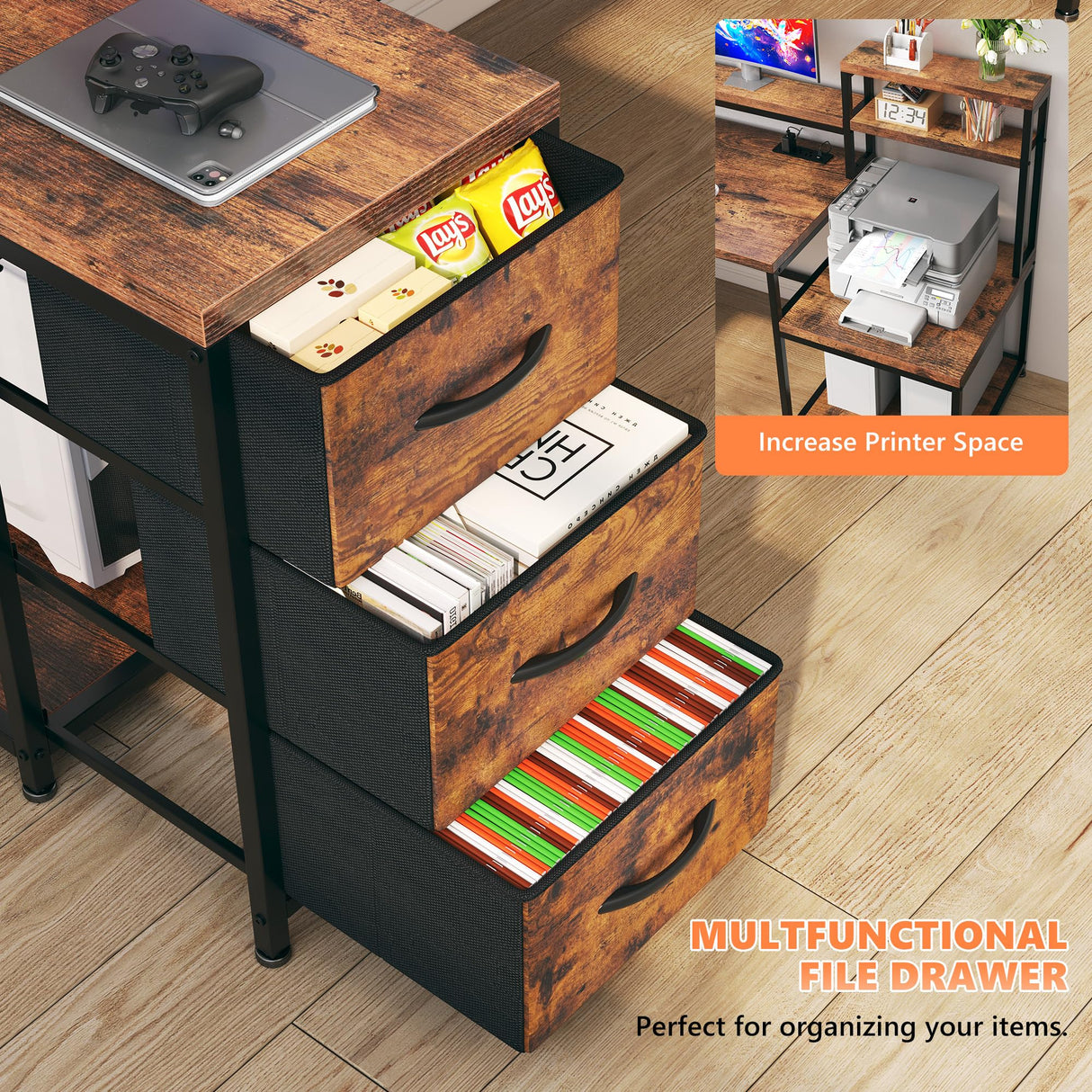 EnHomee 70.9" L Shaped Gaming Desk with Drawers Reversible L Shaped Computer Desk with Power Outlet & LED Lights Home Office Desk with Storage Shelves and Monitor Stand Corner Desk, Rustic Brown EnHomee