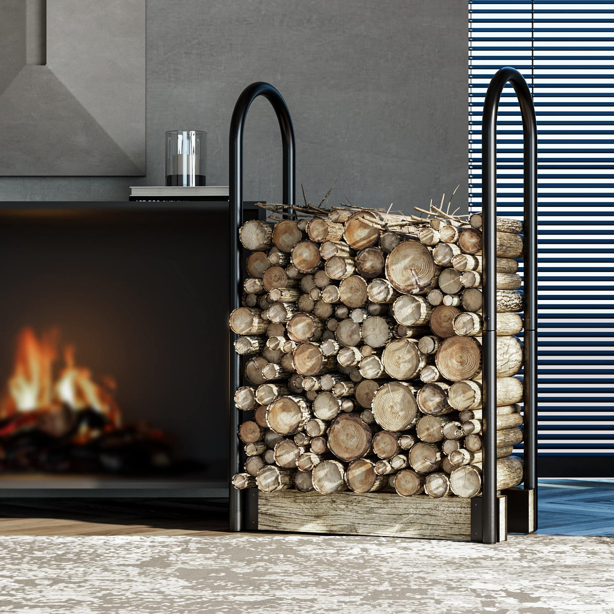 Fire Beauty Firewood Log Rack Adjustable Bracket Kit, Fireplace Wood Storage Holder,Black Powder,Coated Steel, Outdoor and Indoor Fire Beauty