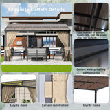 ASJMR 10x14FT Gazebo, Hardtop Wall Mounted Gazebo with Sloping Sun Panel Roof, Awnings for Patio with Metal Frame, Double Curtains for Garden, Lawn, Backyard Deck, Sand ASJMR