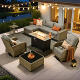 ovios 9 Pieces Patio Furniture Set Outdoor Sectional Sofa Couch with Fire Pit Table Rocking Swivel Chairs Deep Seat Chaise, Modern Modular Wicker Rattan Conversation Set, Dark Grey ovios