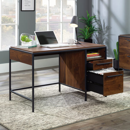 Sauder Nova Loft Single Ped Desk, L: 48.74" x W: 24.96" x H: 29.53", Grand Walnut Finish - WoodArtSupply