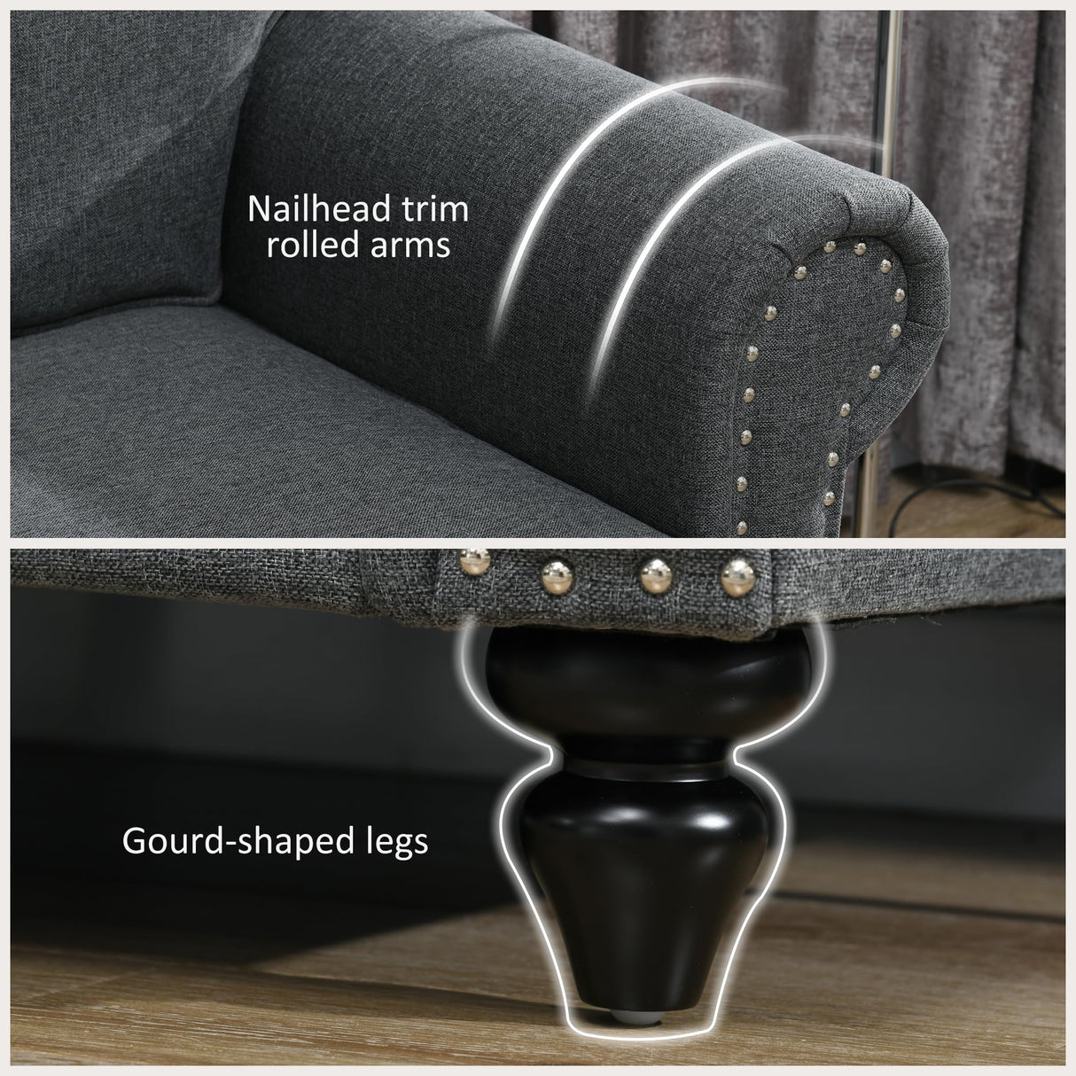 HOMCOM 61" Loveseat Sofa, Mid Century Modern 2 Seater Small Couch with Nailhead Trim, Rolled Arm, Fabric Upholstered Love Seat for Living Room and Bedroom, Charcoal Gray HOMCOM