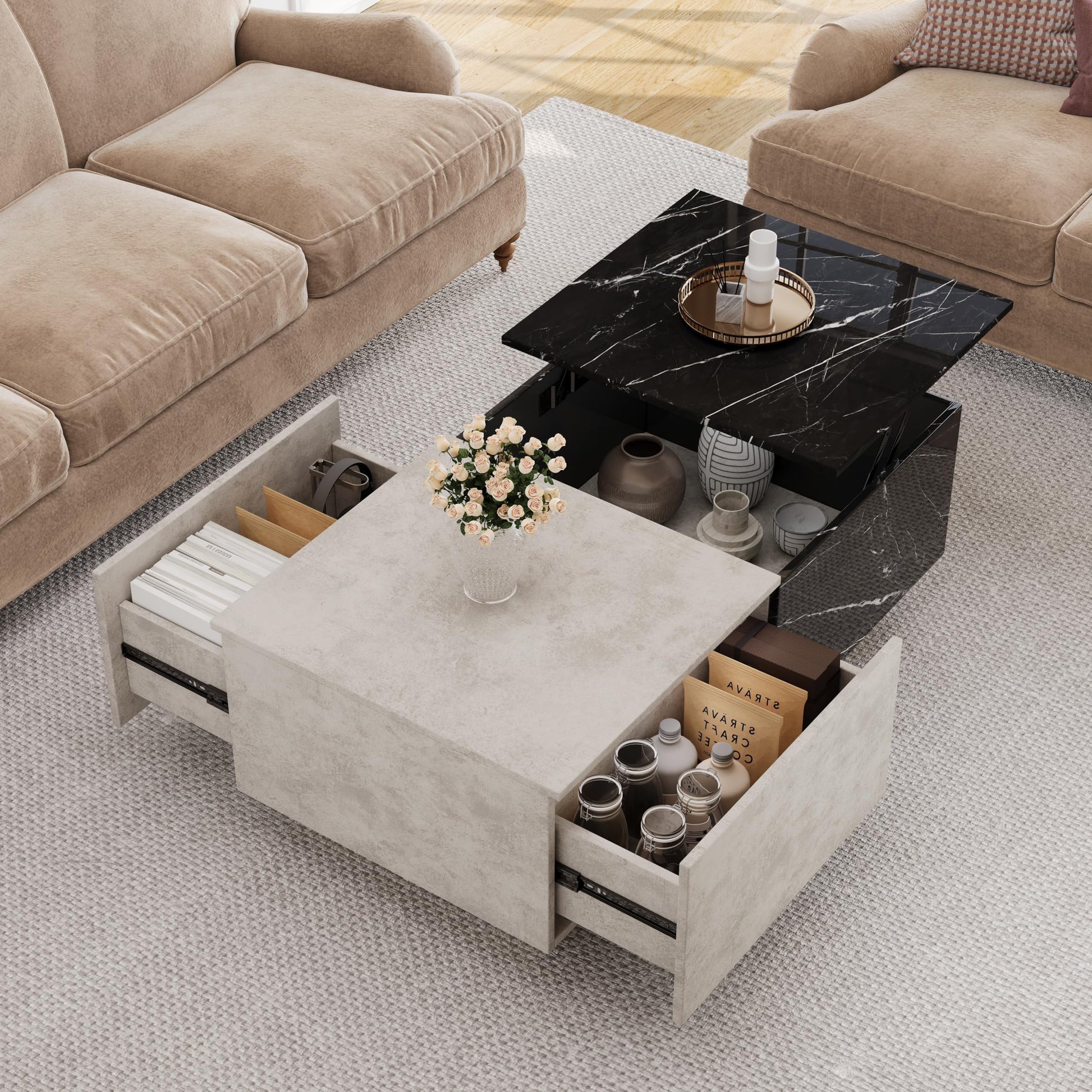 Lift Top coffee tables for living room, 43" LED Wooden Center Tables with Storage Shelf, Hidden Compartment and Drawer for Home (Grey and Marble Black) - WoodArtSupply