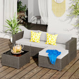 Nalupatio Patio Furniture Set,5 Piece Outdoor Patio Conversation Set All Weather Patio Sofa Manual Weaving Wicker Rattan Sectional Sofa with Washable Cushions & Glass Table for Poolside,Backyard-Gray Nalupatio