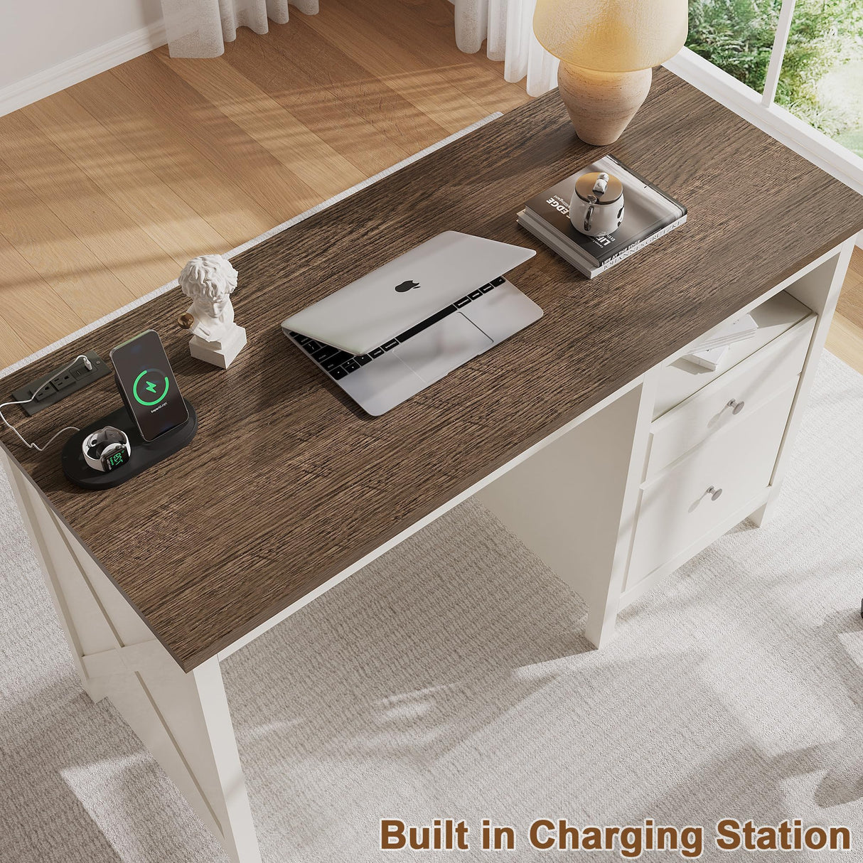 ChooChoo 47" Farmhouse Desk with Drawers, Wood Home Office Computer Desk with Charging Station, 2 Storage Drawers and Open Shelf, Writing Study Table Vanity Desk for Bedroom ChooChoo