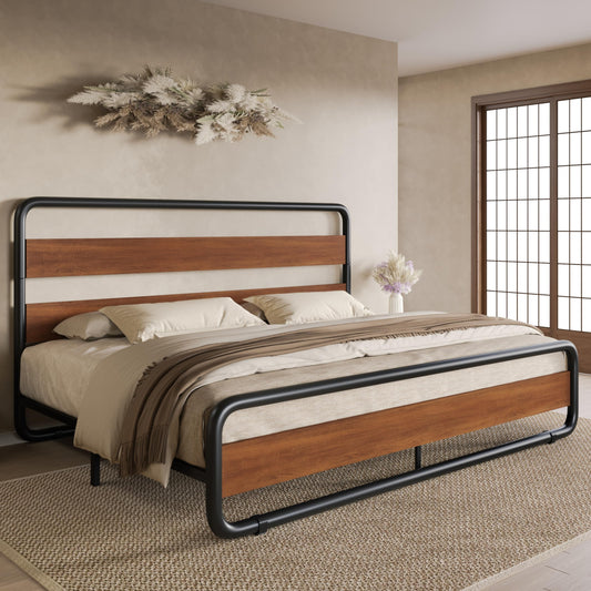 SHA CERLIN King Size Heavy Duty Metal Bed Frame with Vintage Walnut Wooden Headboard & Footboard - WoodArtSupply