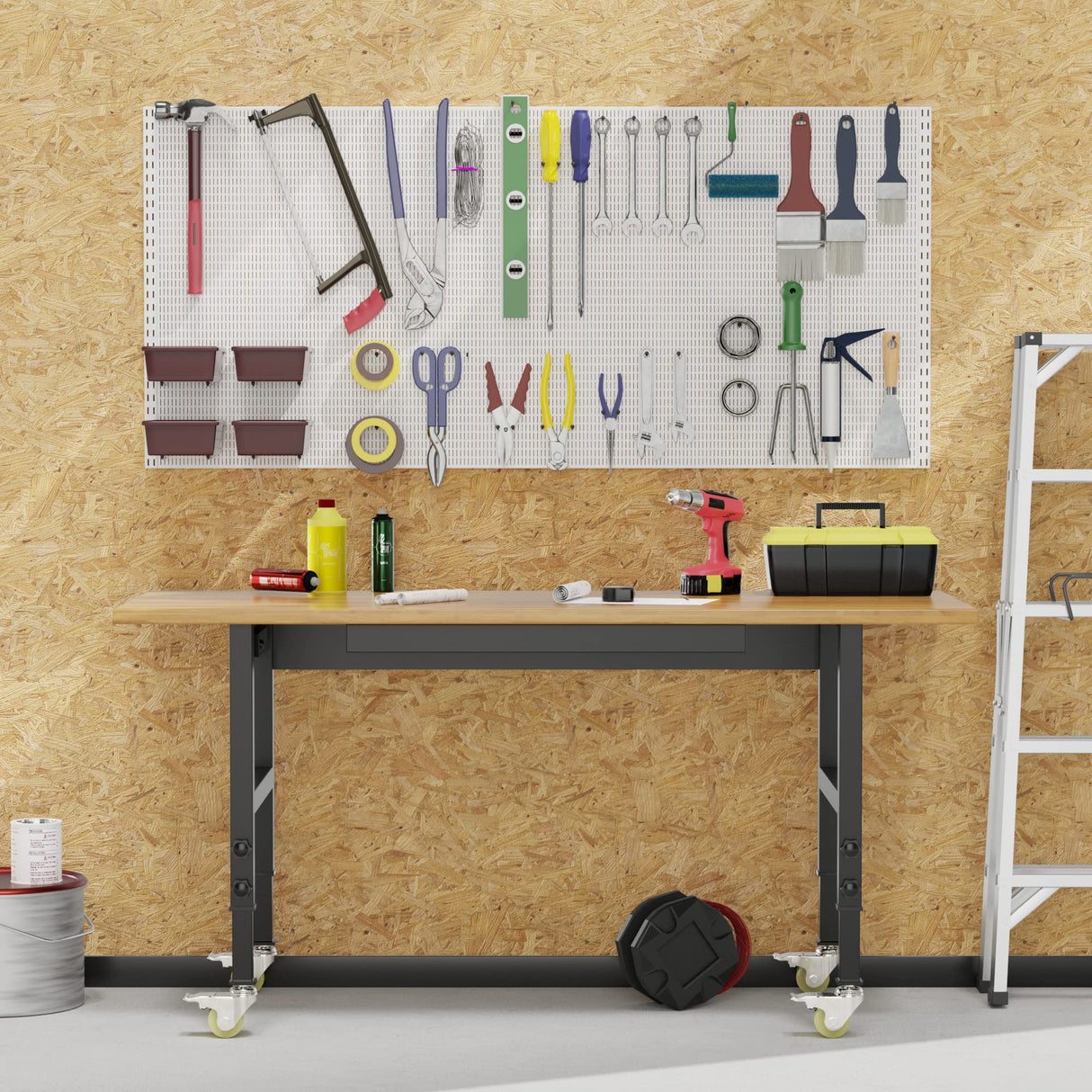 60" Adjustable Workbench with Drawer Storage, Heavy Duty Rubber Wood Work Table with Power Outlet and 4 Lockable Wheels, 2000 LBS Load Capacity Workstation for Garage, Home, Office SGmory