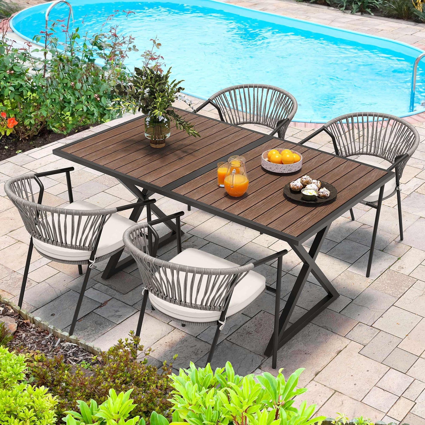 YITAHOME 5 Piece Patio Dining Set, Stackable Chairs with Comfortable Cushions, 59" Rectangle Tables with Metal Frame and Faux Wood Tabletop for Patio Balcony Porch Poolside Lawn Garden, Brown - WoodArtSupply