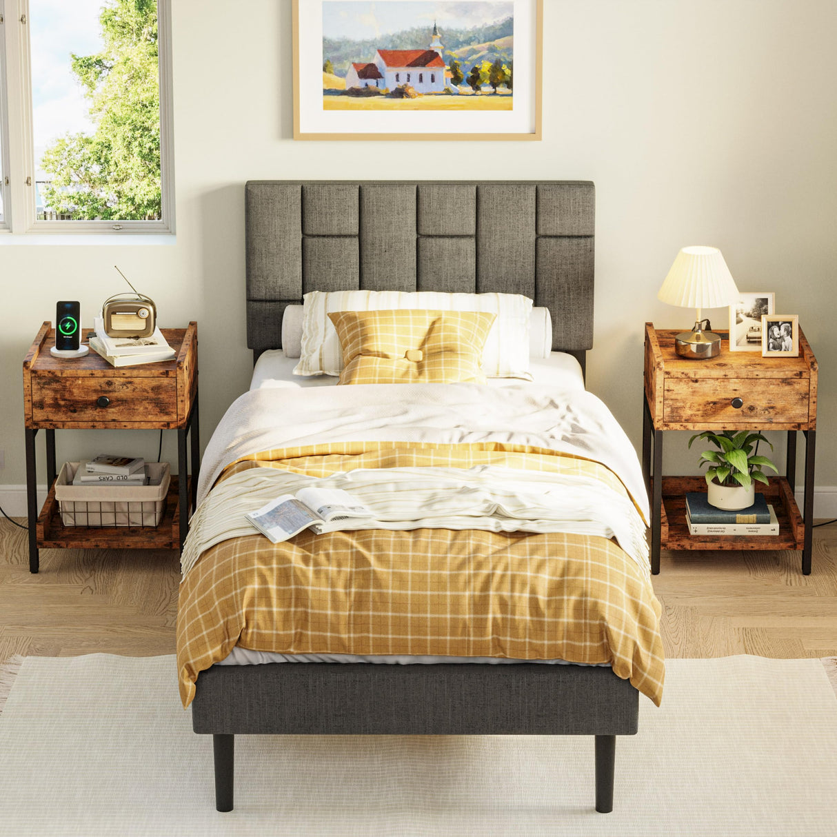 LIKIMIO Nightstand, Set of 2 Bedside Table with Charging Station, Small End Table with Storage Drawer and Shelf for Bedroom and Living Room, Easy Assembly, Stable and Sturdy, Vintage Brown LIKIMIO