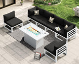 RADIATA 7 Piece L-Shaped Oversized Modern Aluminum Patio Furniture Set, All Weather Modular Sectional Sofa with Fire Pit Table, 500 lbs Heavy Duty Comfortable Outdoor Couch for Backyard Deck, Black RADIATA