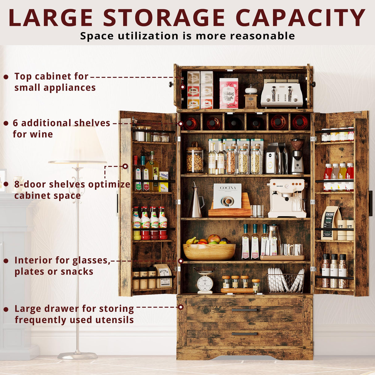 IRONCK Kitchen Pantry 72" Height, with 8 Hanging Shelves, 2 Drawers and Open Storage Cabinet, Freestanding Cupboard for Dining Room Living Room,Vintage Brown IRONCK