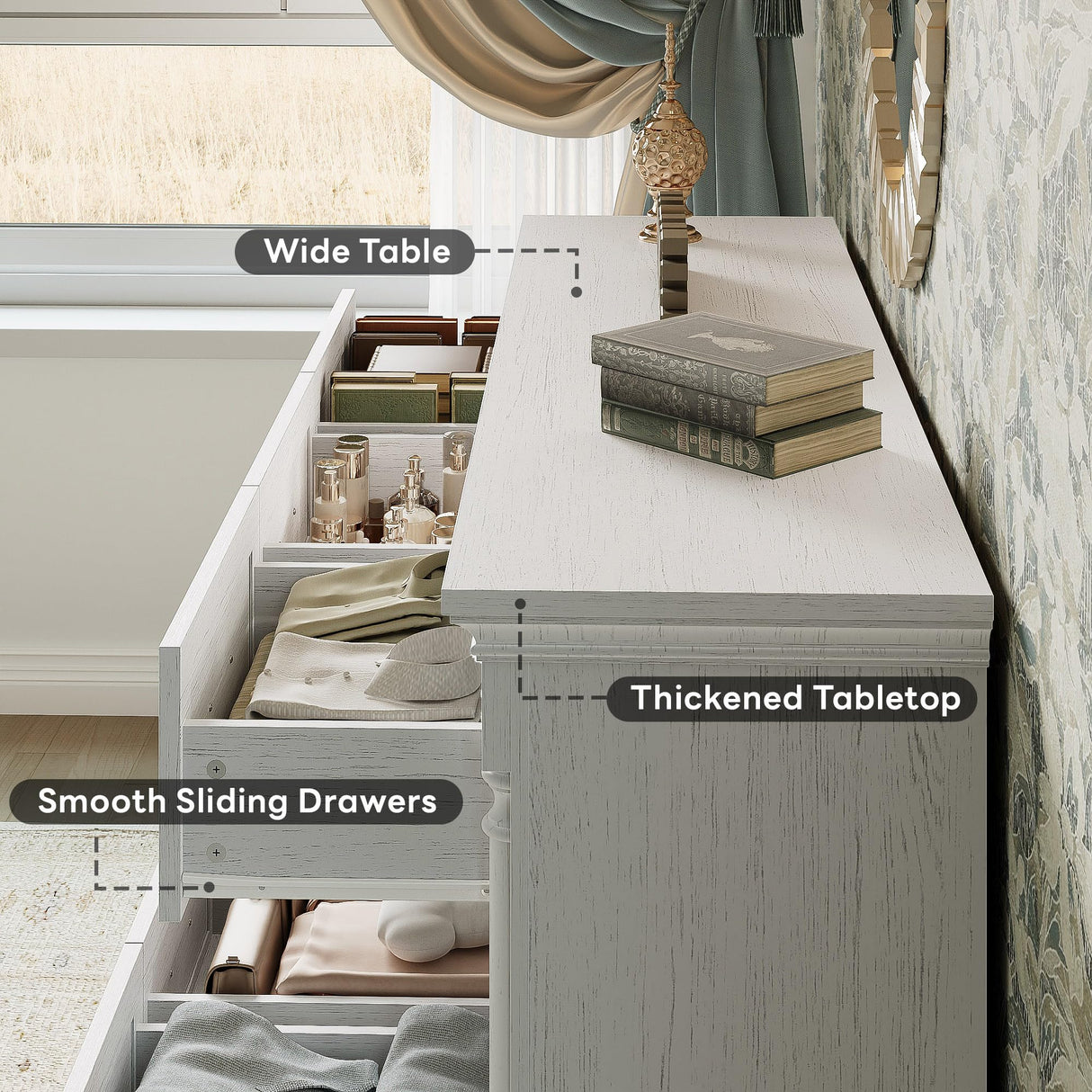 LIKIMIO Farmhouse Dresser for Bedroom with 9 Drawers, 58" Wide Wood Chest of Drawers with Roman Column, Dresser TV Stand for 65", Closet Storage Dressers Organizer for Bedroom, Living Room, Hallway LIKIMIO