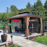 Domi Outdoor Living 10’x12’ Hardtop Gazebo, Wooden Coated Aluminum Frame Canopy with Galvanized Steel Double Roof, Outdoor Permanent Metal Pavilion with Curtains and Netting for Patio, Deck and Lawn domi outdoor living