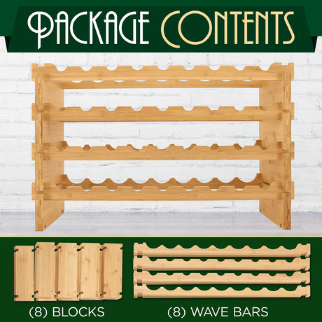 SereneLife Bamboo Stackable Wine Rack, 4-Tier 36 Bottle Capacity Wine Racks Free Standing Floor, No Tools Assembly, Modular Storage Display Shelf for Kitchen and Cellar 33.5" x 10" x 21" SereneLife