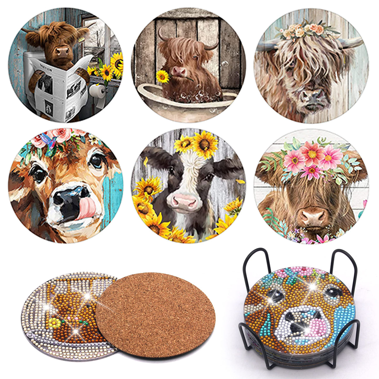 6PCS Diamond Painting Coaster with Holder, Farmhouse Cow Diamond Painting Art Coasters Kit, Highland Cattle DIY Drink Coaster with Cork Base Diamond Art Painting Coasters Kit for Adults Kids Beginners APCGSM