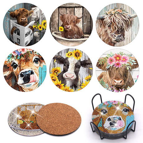 6PCS Diamond Painting Coaster with Holder, Farmhouse Cow Diamond Painting Art Coasters Kit, Highland Cattle DIY Drink Coaster with Cork Base Diamond Art Painting Coasters Kit for Adults Kids Beginners APCGSM