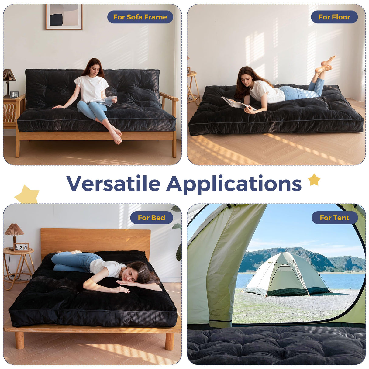 MAXYOYO 6" Futon Mattress Full Size, Velvet Thick Futons Sofa Couch Bed, Versatile Floor Mattress for Adults, Shredded Foam Filling (Frame Not Included), Black MAXYOYO