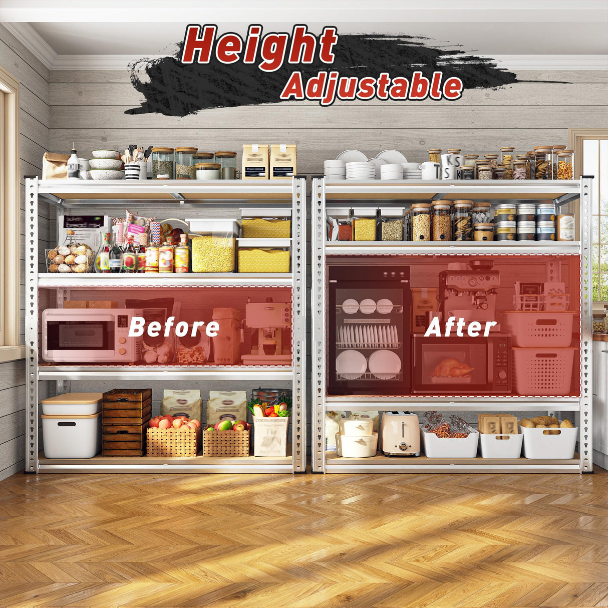 REIBII 40" W Garage Shelving 2000LBS Storage Shelves Adjustable Metal Shelving 4 Tier Pantry Shelves for Garage Closet Kitchen Basement 40" W x 19.7''D x 60''H, Silver REIBII