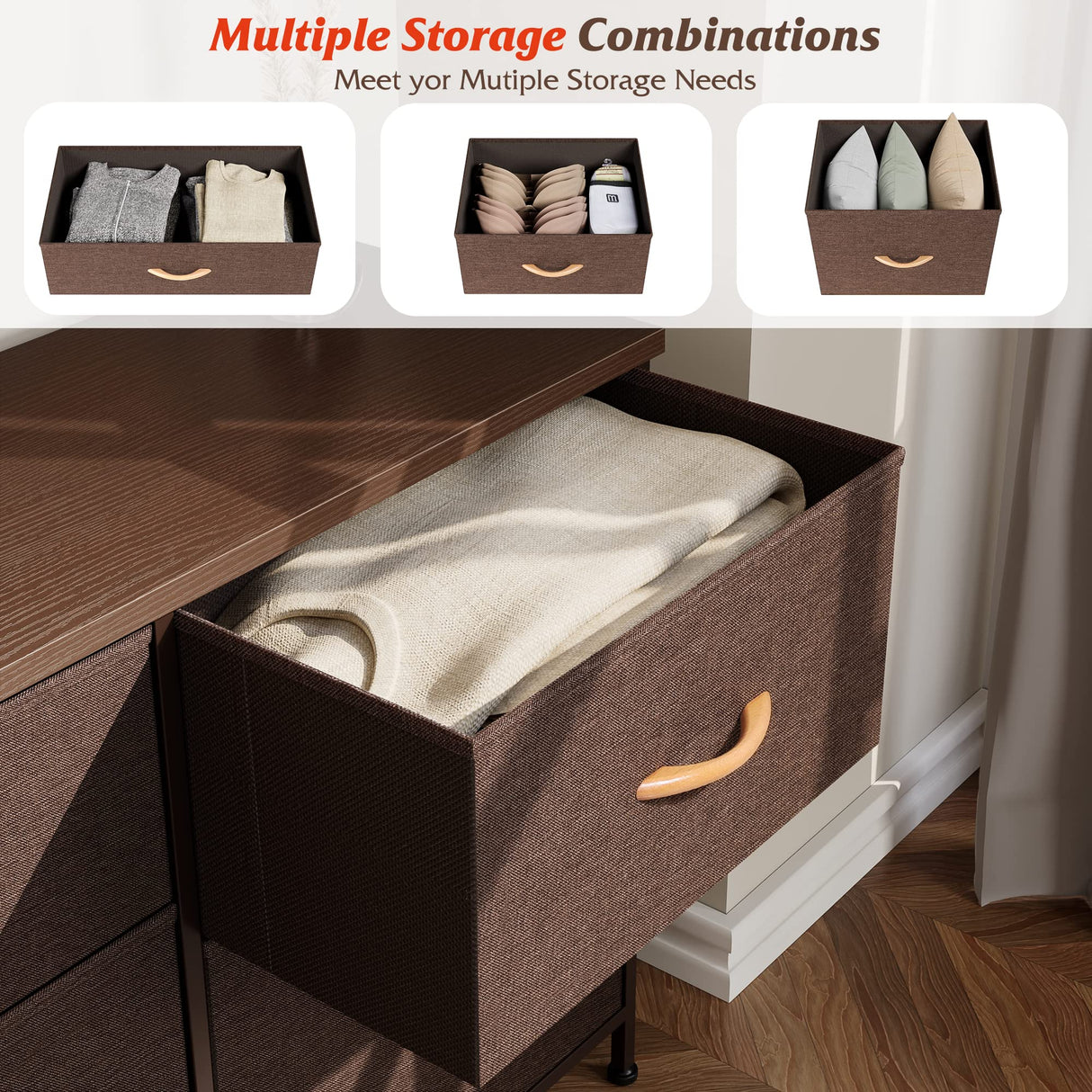 Nicehill Dresser for Bedroom with 5 Drawers, Storage Drawer Organizer, Wide Chest of Drawers for Closet, Clothes, Kids, Baby, TV Stand with Storage Drawers, Wood Board, Fabric Drawers（Brown） Nicehill