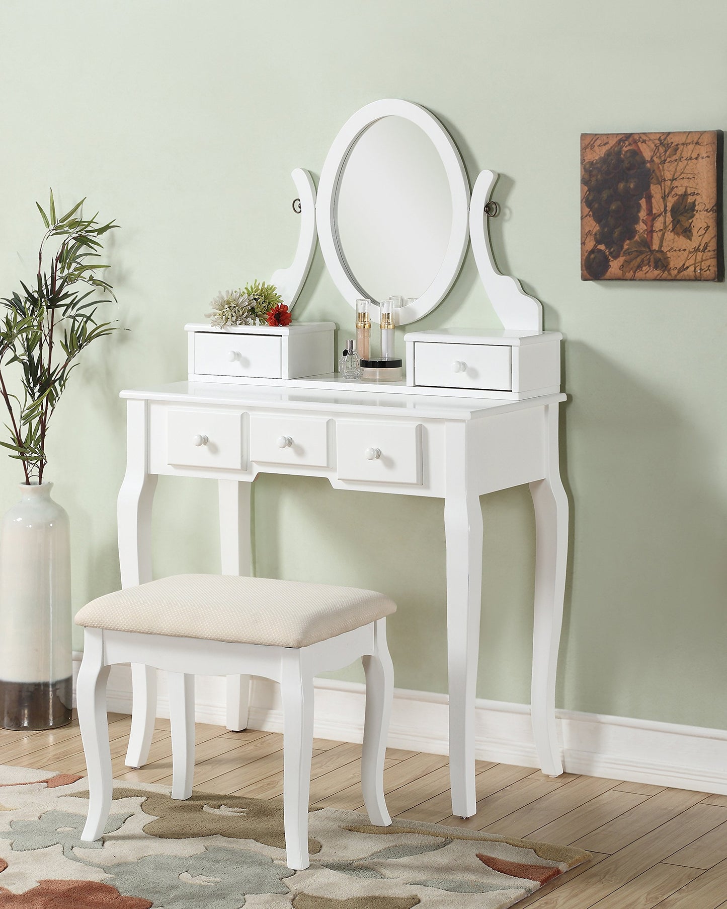 Roundhill Furniture Ashley Wood Make-Up Vanity Table and Stool Set, White - WoodArtSupply