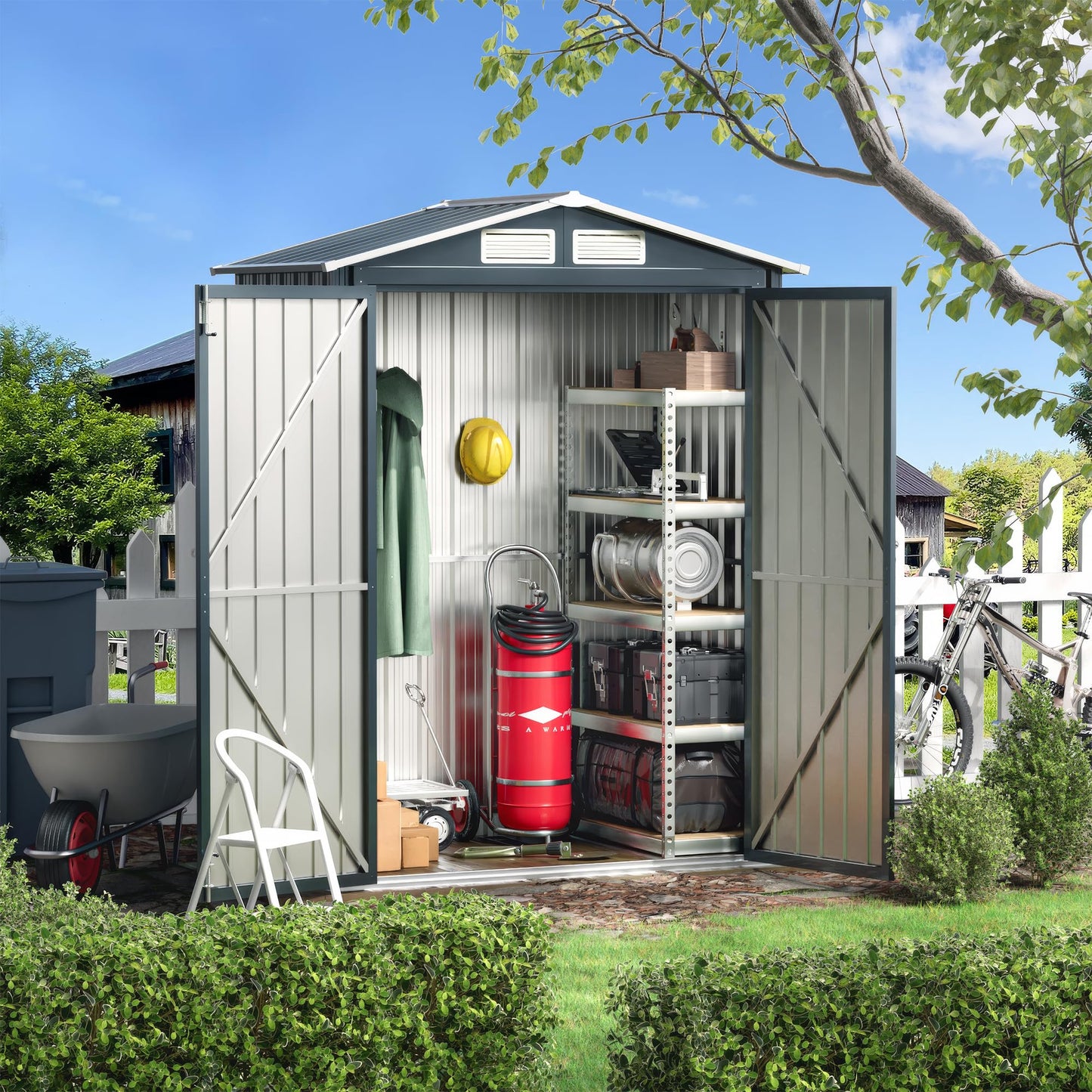 MistMo 5x3X6.3FT Outdoor Steel Storage Shed with Lockable Doors and Frame Floor, Compact Small Bike Shed, Ideal for Garden, Backyard, Swimming Pool, Patio Utility and Tool Storage - WoodArtSupply