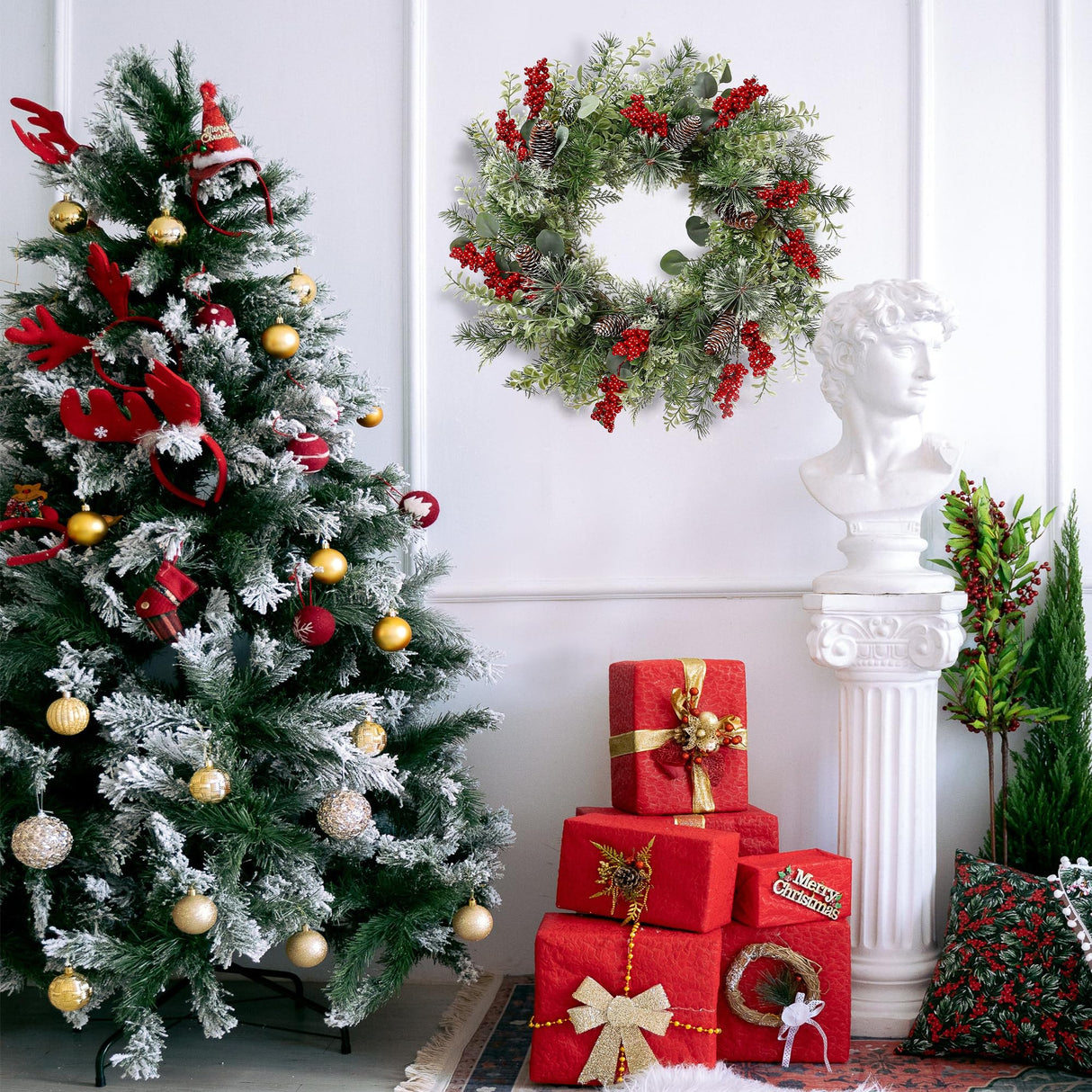 Sggvecsy 21 Inch Artificial Christmas Wreath for Front Door Xmas Red Berry Wreath with Pine Needles Pine Cones Eucalyptus Leaves Christmas Hanging Decorations for Wall Outdoor Home Window Decor Sggvecsy