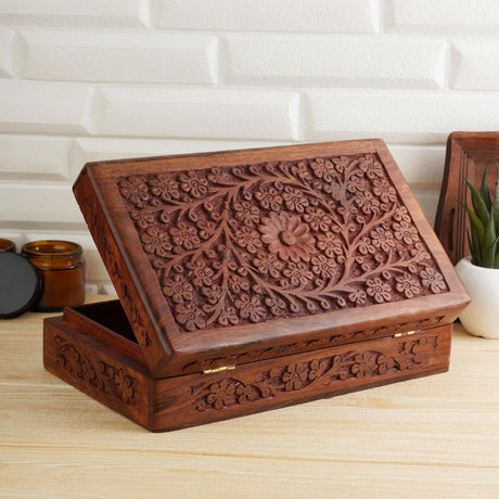 Ajuny Wooden Handcarved Decorative Jewelry Storage Box Flower Design Multipurpose Treasure Chest Keepsake Organizer Necklaces Watch Boxes Great for Gifts 10x6 Inch Ajuny
