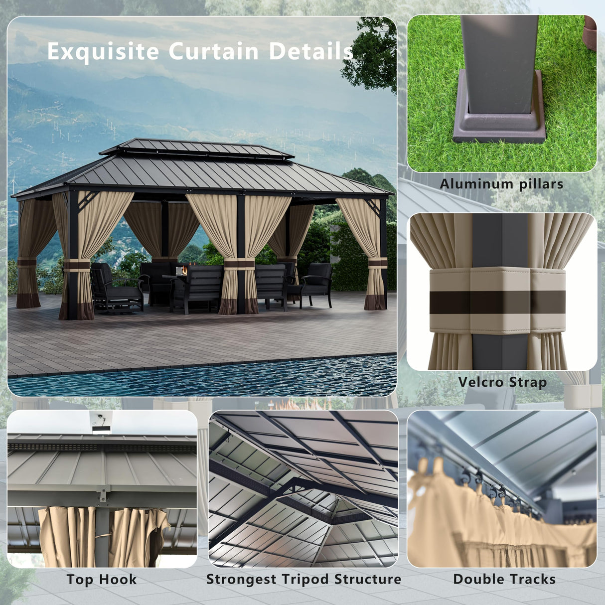 ASJMR 12x20ft Hardtop Gazebo Double Roof, outdoor pavilion with 2-layer hard top galvanized iron frame garden tent, suitable for courtyards, backyards, decks, and grass ASJMR
