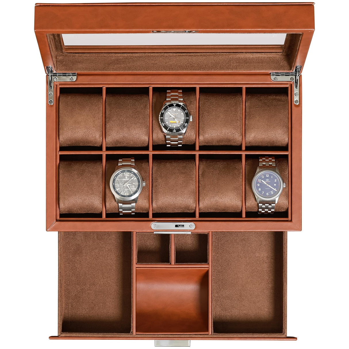 ROTHWELL 10-Slot Watch Box in Leather with Valet Drawer, Luxury Watch Case Display Organizer with Ultra Soft Microsuede Liner, Jewelry and Sunglass Holder With Large Glass top (Tan/Brown) ROTHWELL