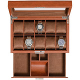 ROTHWELL 10-Slot Watch Box in Leather with Valet Drawer, Luxury Watch Case Display Organizer with Ultra Soft Microsuede Liner, Jewelry and Sunglass Holder With Large Glass top (Tan/Brown) ROTHWELL