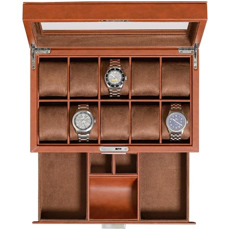 ROTHWELL 10-Slot Watch Box in Leather with Valet Drawer, Luxury Watch Case Display Organizer with Ultra Soft Microsuede Liner, Jewelry and Sunglass Holder With Large Glass top (Tan/Brown) ROTHWELL
