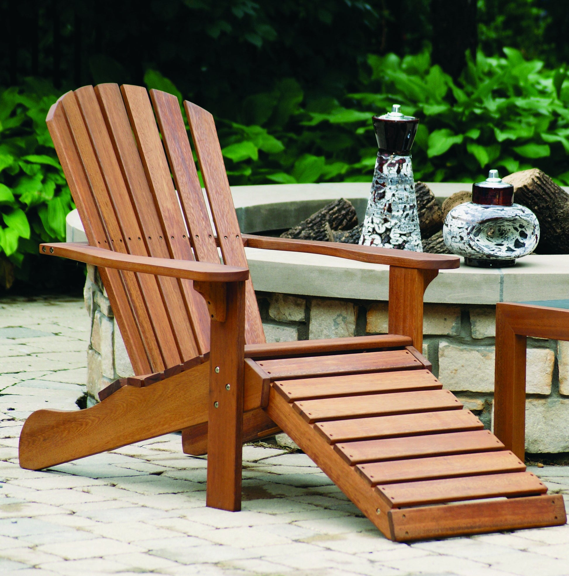 Outdoor Interiors CD3111 Eucalyptus Adirondack Chair and Built In Ottoman - WoodArtSupply