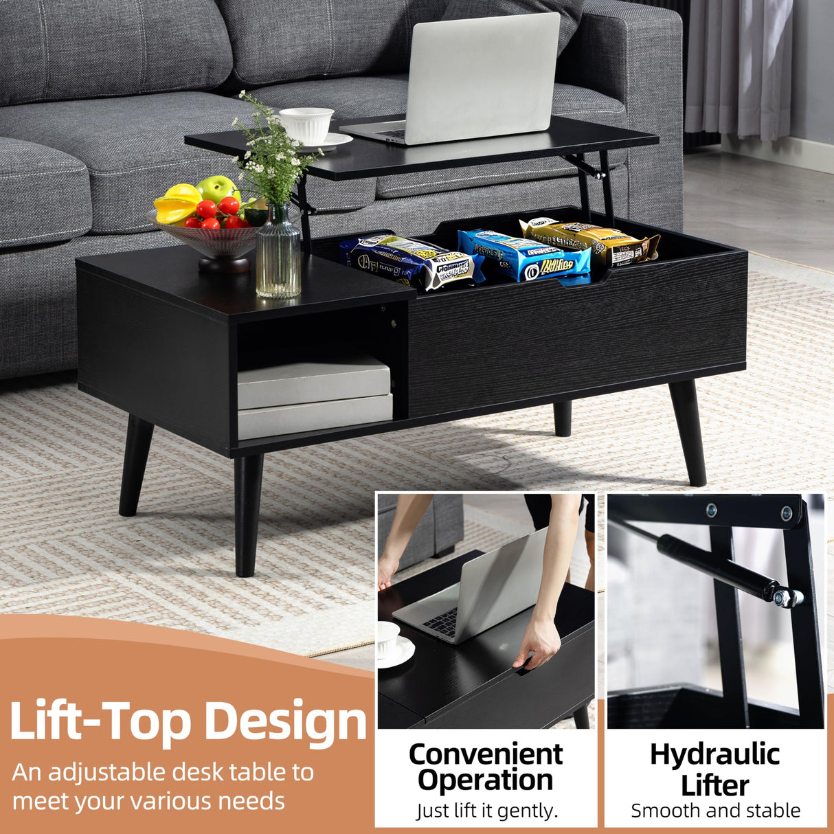 Finnhomy Lift Top Coffee Table with USB Type-C Charging Station, LED Lights and Power Outlet, 3-in-1 Multifunctional Table with Hidden Compartment and Large Storage, for Living Room Home Office, Black Finnhomy